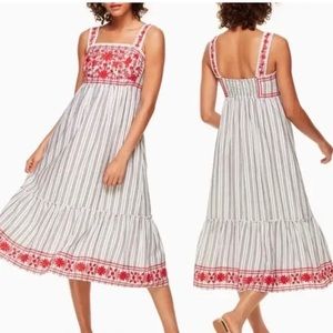 Kate Spade striped with red embroidered midi dress size small